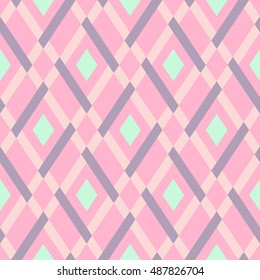 Vector geometric seamless  argyle pattern with lines and tiles in soft pink and mint green colors. Modern bold print with diamond shape for fall winter fashion. Vintage plaid background in retro style