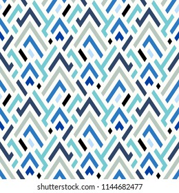 Vector geometric seamless chevron pattern in blue. Small print with angles and geometric shapes. Sporty abstract background with zigzag lines and stripes. Vintage retro chevron background in vector