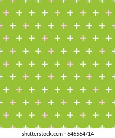Vector geometric seamless crosses pattern. Small white and pink crosses on light green background.