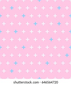 Vector geometric seamless crosses pattern. Small white and blue crosses on pink background.