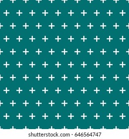 Vector geometric seamless crosses pattern. Small white crosses on dark green background.