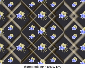 Vector geometric seamless l pattern with flowers on dark background.   illustration for textile, print, wallpapers, wrapping.