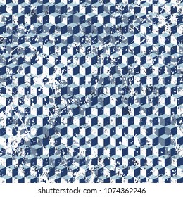 Vector geometric seamless pattern with 3d cubes and overlapping shapes in nautical color. Blocked modern bold print for sport fashion. Abstract dynamic techno background with paint splash and splatter