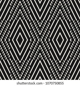 Vector geometric seamless pattern. Abstract graphic ornament with rhombuses, diagonal lines. Ethnic tribal style texture. Simple black and white linear background. Design for decor, carpet, fabric