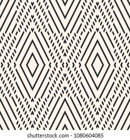 Vector geometric seamless pattern. Abstract graphic ornament with rhombuses, diagonal lines. Ethnic tribal style texture. Simple monochrome linear background. Design for decor, fabric, furniture, wrap