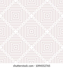 Vector geometric seamless pattern. Abstract graphic ornament with lines, stripes, squares, repeat tiles. Simple linear background texture in pastel colors, pale pink and white. Elegant subtle design 