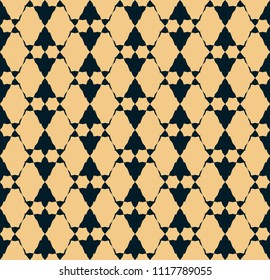 Vector geometric seamless pattern. Abstract background in black and yellow colors. Graphic texture with triangular shapes, grid, mesh. Tribal ornament. Ethnic folk motif. Repeat design for decoration