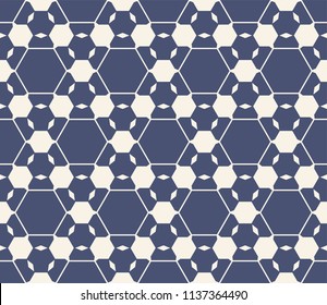 Vector geometric seamless pattern. Abstract dark blue ornamental background. Delicate linear texture with mesh, lattice, hexagons. Subtle hexagonal grid. Repeat design for prints, decor, web, covers