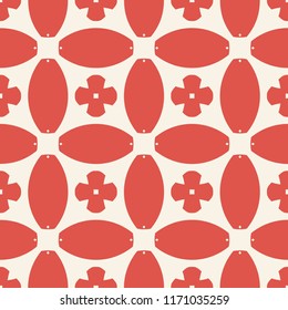Vector geometric seamless pattern. Abstract floral mosaic. Ornamental background in red and beige colors. Ornament texture with flowers, crosses, rounded shapes, grid, repeat tiles. Decorative design