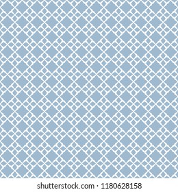 Vector geometric seamless pattern. Abstract background with small diamond shapes, floral figures, square grid, net, repeat tiles. Elegant ornament design in soft blue and white colors. Damask texture