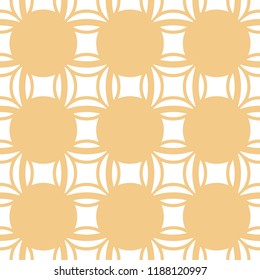 Vector geometric seamless pattern. Abstract yellow and white geometric texture with big rounded shapes, squares, circles, grid, lathing. Elegant minimal background. Repeat design for decor, prints