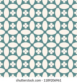 Vector geometric seamless pattern. Abstract floral mosaic. Ornamental background in teal and beige colors. Ornament texture with flowers, crosses, rounded shapes, grid, net, lattice, repeat tiles