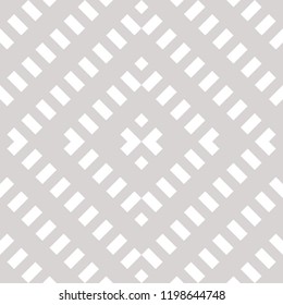 Vector geometric seamless pattern. Abstract graphic background with diagonal lines, squares, grid, net, lattice, grill. Wicker texture. Ethnic folk style ornament. White and gray colors. Repeat design
