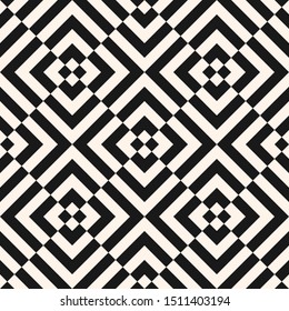 Vector geometric seamless pattern. Abstract monochrome texture with stripes, lines, square tiles. Optical art. Simple black and white background. Repeat design for decor, print, wallpapers, covers