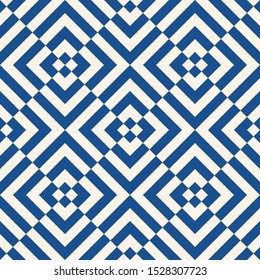 Vector geometric seamless pattern. Abstract texture with stripes, lines, square tiles. Optical art. Simple minimal blue and white background. Repeat design for decor, print, wallpapers, fabric, cloth