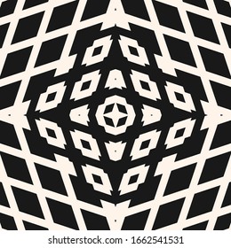 Vector geometric seamless pattern. Abstract black and white ornament with simple geometrical shapes, diamonds, stars, rhombuses, grid, net, lattice. Stylish dark background. Modern repeat geo design