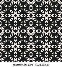 Vector geometric seamless pattern. Abstract black and white texture with stars, crosses, arrows, grid. Tribal ethnic motif. Folk style geometrical ornament. Dark monochrome background. Repeat design