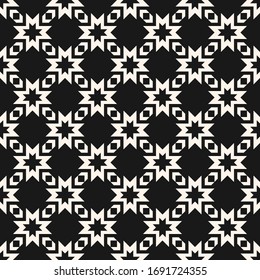 Vector geometric seamless pattern. Abstract monochrome texture with stars, crosses, grid. Simple folk style ornament. Black and white background. Dark repeat design for decor, fabric, furniture