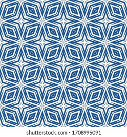Vector geometric seamless pattern. Abstract ornamental texture with diagonal lines, rhombuses, diamonds, star shapes. Blue and white ornament background. Simple repeat design for wallpapers, print