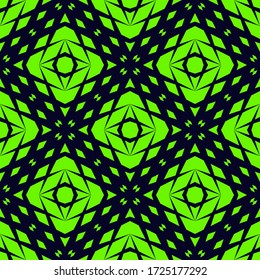 Vector geometric seamless pattern. Abstract sport style texture with fading rhombuses, diamonds, net, grid. Halftone transition effect. Stylish black and vibrant green background. Modern repeat design