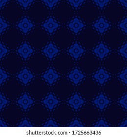 Vector geometric seamless pattern. Abstract sport style texture with fading rhombuses, diamonds, net, grid. Halftone transition effect. Stylish black and neon blue background. Modern repeated design