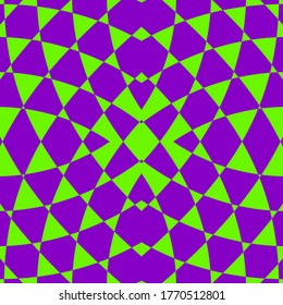 Vector geometric seamless pattern. Abstract neon green and purple ornament. Crazy psychedelic design. Optical art texture, nineties style. Repeat tileable design for decor, print, cover, wrapping