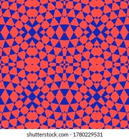 Vector geometric seamless pattern. Abstract neon red and blue ornament. Crazy psychedelic design. Optical art texture, 1990's style. Repeat tileable design for decoration, print, cover, wrapping, web