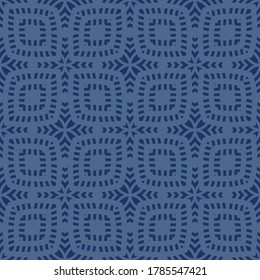 Vector geometric seamless pattern. Abstract ethnic texture with ornamental grid, mesh, lattice. Tribal ethnic motif. Deep blue color. Folk style ornament background. Repeat design for decor, wallpaper