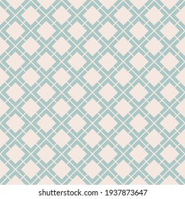 Vector geometric seamless pattern. Abstract vintage texture with big diamond shapes, rhombuses, squares, grid, lattice, grill, net. Stylish minimal background. Aqua green and beige colored design