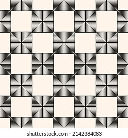 Vector geometric seamless pattern. Abstract black and white texture with squares, lines, grid, lattice, grill, net. Stylish modern monochrome background. Simple repeat geo design for print, wallpaper