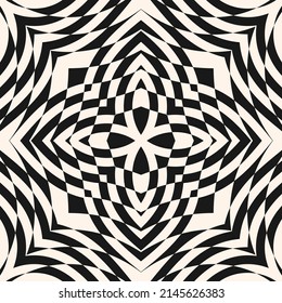 Vector geometric seamless pattern. Abstract black and white mosaic ornament. Simple checkered texture with flower silhouette. Monochrome op art. Optical illusion background. Modern repeat design