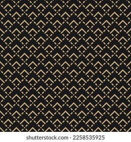 Vector geometric seamless pattern. Abstract golden background with squares, lines, grid. Simple geo texture. Luxury gold and black ornament. Ethnic style. Repeat vintage design for decor, wallpaper