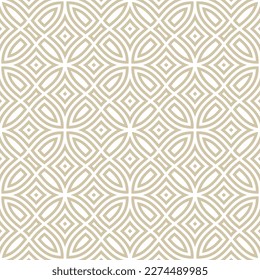 Vector geometric seamless pattern. Abstract linear ornamental texture with curved shapes, lines, flower silhouettes, leaves, repeat tiles. Gold and white background. Luxury design for decor, textile