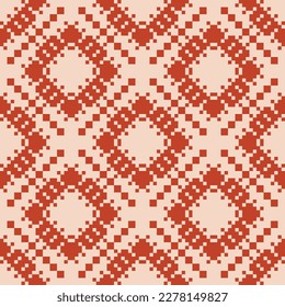 Vector geometric seamless pattern. Abstract ethnic texture with ornamental flower silhouettes, squares. Red and beige color. Tribal ethnic motif. Folk style background. Repeat design for decor, fabric