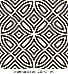 Vector geometric seamless pattern. Abstract linear ornament texture with curved shapes, lines, flower silhouettes, leaves, repeat tiles. Black and white background. Monochrome design for decor, print