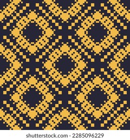 Vector geometric seamless pattern. Abstract ethnic texture with ornamental flower silhouettes, squares. Yellow and black color. Tribal ethnic motif. Folk style background. Repeat decorative design