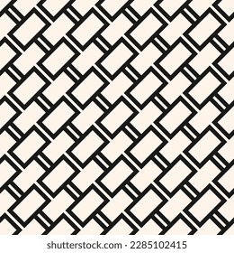 Vector geometric seamless pattern. Abstract monochrome background with diagonal lines, rectangles, grid, brick wall texture. Minimal black and white graphic pattern. Repeated design for decor, print