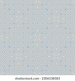 Vector geometric seamless pattern. Abstract linear ornament texture with curved shapes, lines, flower silhouettes, leaves, repeat tiles. Retro vintage style background. Blue and beige color design