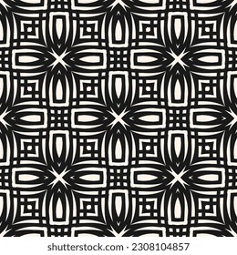 Vector geometric seamless pattern. Abstract ornament texture with curved shapes, lines, flower silhouettes, grid, mesh, lattice. Black and white background. Elegant monochrome repeated geo design
