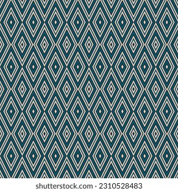 Vector geometric seamless pattern. Abstract graphic background with diamonds, rhombuses, grid. Elegant teal, blue and beige color. 1970s style ornament. Repeat retro vintage decorative geo design