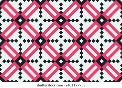 Vector geometric seamless pattern. Abstract graphic background with squares, lines, grid. Simple geo texture. pink, black and white color. Ethnic style ornament. Repeat vintage design for decor, print