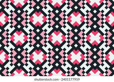 Vector geometric seamless pattern. Abstract graphic background with squares, lines, grid. Simple geo texture. pink, black and white color. Ethnic style ornament. Repeat vintage design for decor, print