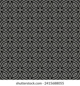 Vector geometric seamless pattern. Abstract black and white folk texture with ornamental grid, lattice, stars, floral shapes. Tribal ethnic motif. Dark background. Repeated geo design for decor, cover