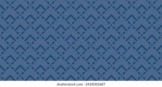 Vector geometric seamless pattern. Abstract graphic background with squares, lines, arrows, grid. Simple geo texture. Dark blue color. Ethnic style ornament. Repeated retro geo design for decor, print