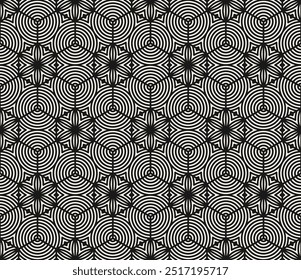 Vector geometric seamless pattern. Abstract monochrome texture with hexagonal grid, curved lines, circles, floral silhouettes, net, lattice. Black and white geo background. Modern repeating design