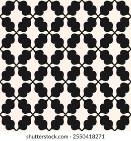 Vector geometric seamless pattern. Abstract vintage ornament texture with curved shapes, repeat tiles, lattice, grid. Simple black and white background. Repeating monochrome design for print, decor