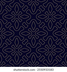 Vector geometric seamless pattern. Abstract golden ornamental texture with flower silhouettes, crosses, diamonds, outline shapes, repeat tiles. Simple black and gold background. Elegant geo design