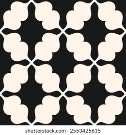 Vector geometric seamless pattern. Abstract vintage ornament texture with curved shapes, repeat tiles. Simple black and white background. Repeated monochrome design for decor, textile, carpet, print