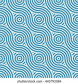 Vector geometric seamless pattern, abstract endless composition created with overlay curls and circles. Blue background with intertwine curves.