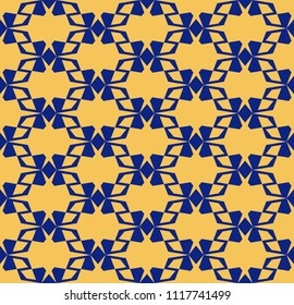 Vector geometric seamless pattern with angular shapes, grid, lattice. Elegant ornamental texture. Abstract background in dark blue and yellow colors. Repeat design for decor, wallpapers, fabric, cloth